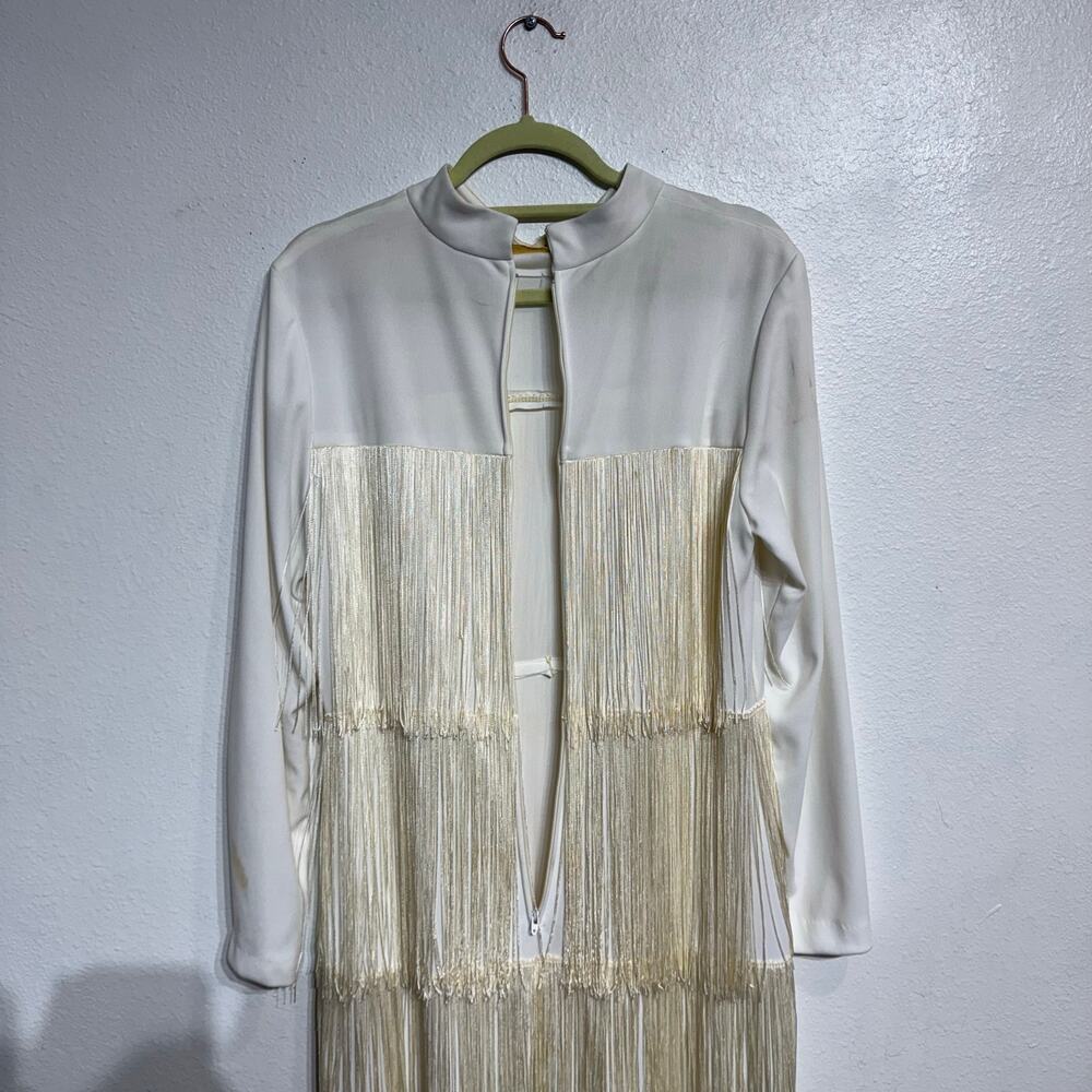 White Vintage Fringe Long Sleeve Maxi Dress Sz M - Picture 10 of 13